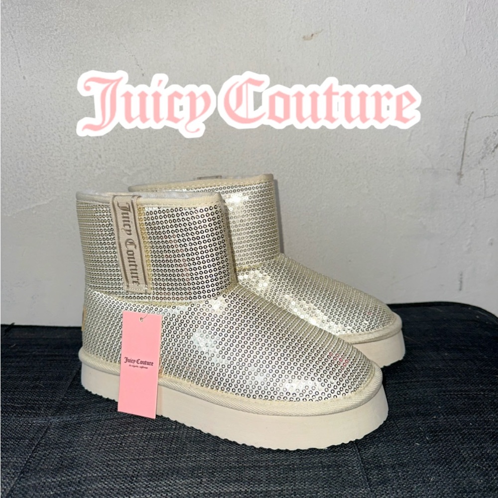Juicy Couture Bridal Champagne White Sequin Platform Faux Ugg Fur Lined Boots